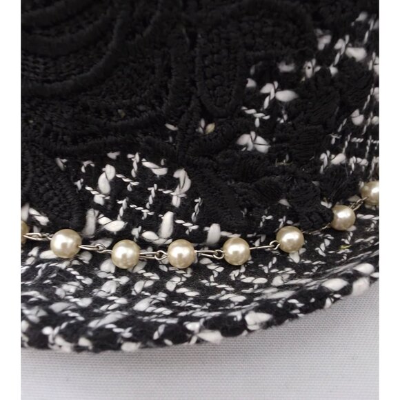 VON ZIPPER Black & White Women's Tweed Fedora w/ Pearl Chain & Lace Accent 6-7/8 - Picture 6 of 9